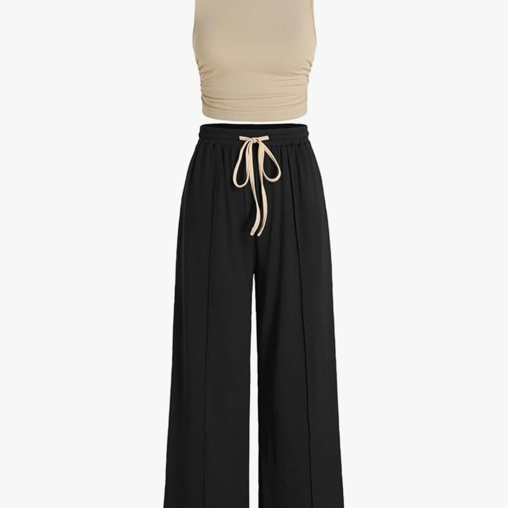 Cider Black Wide-Leg Pants with Cream Drawstring
